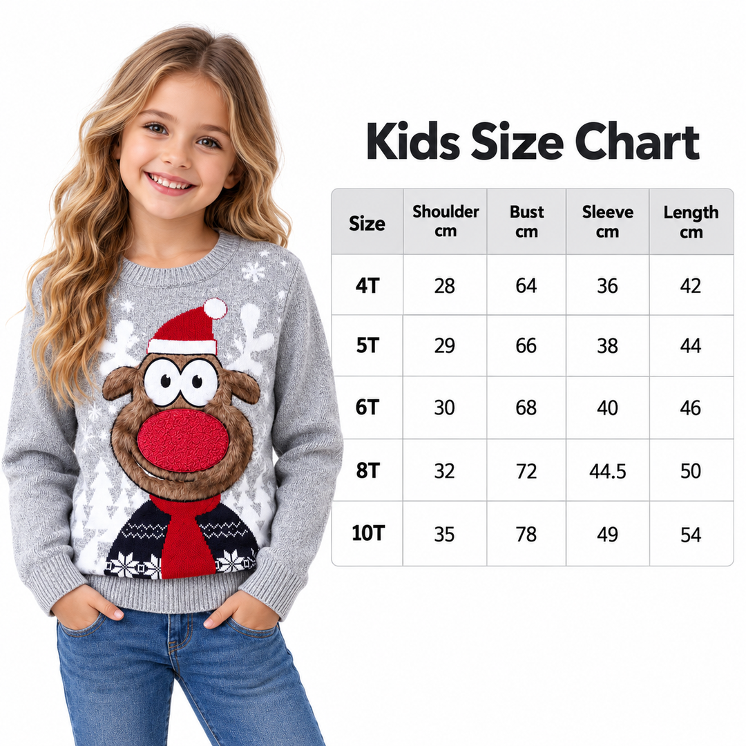 Christmas sweater family kids size chart with child model, verified 4T to 10T measurements for shoulder, bust, sleeve and size