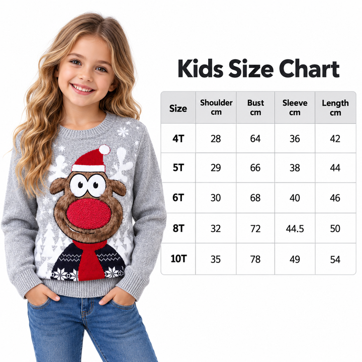 Christmas sweater family kids size chart with child model, verified 4T to 10T measurements for shoulder, bust, sleeve and size