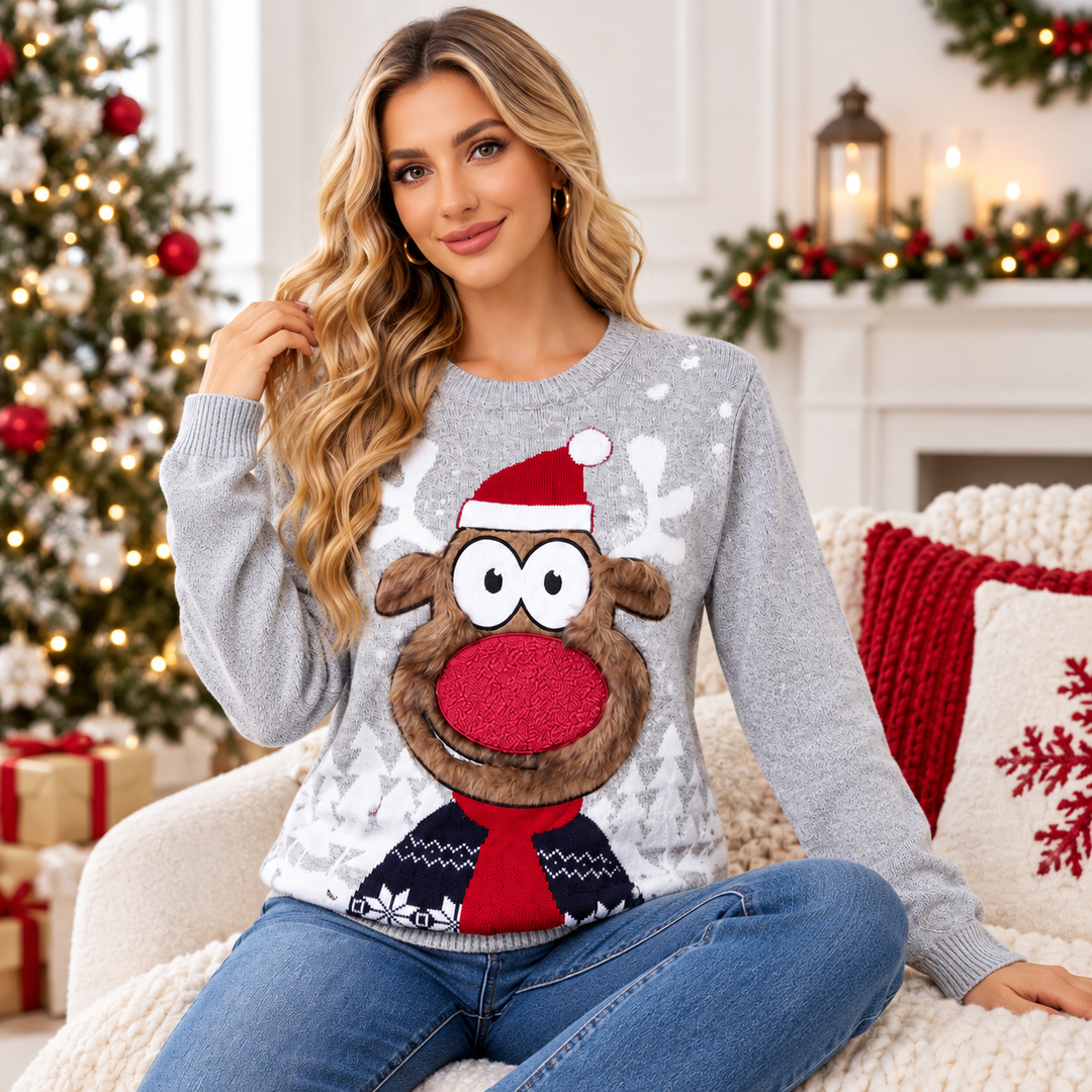 Christmas sweater family lifestyle view on model, gray reindeer knit pullover styled for a festive indoor holiday setting now
