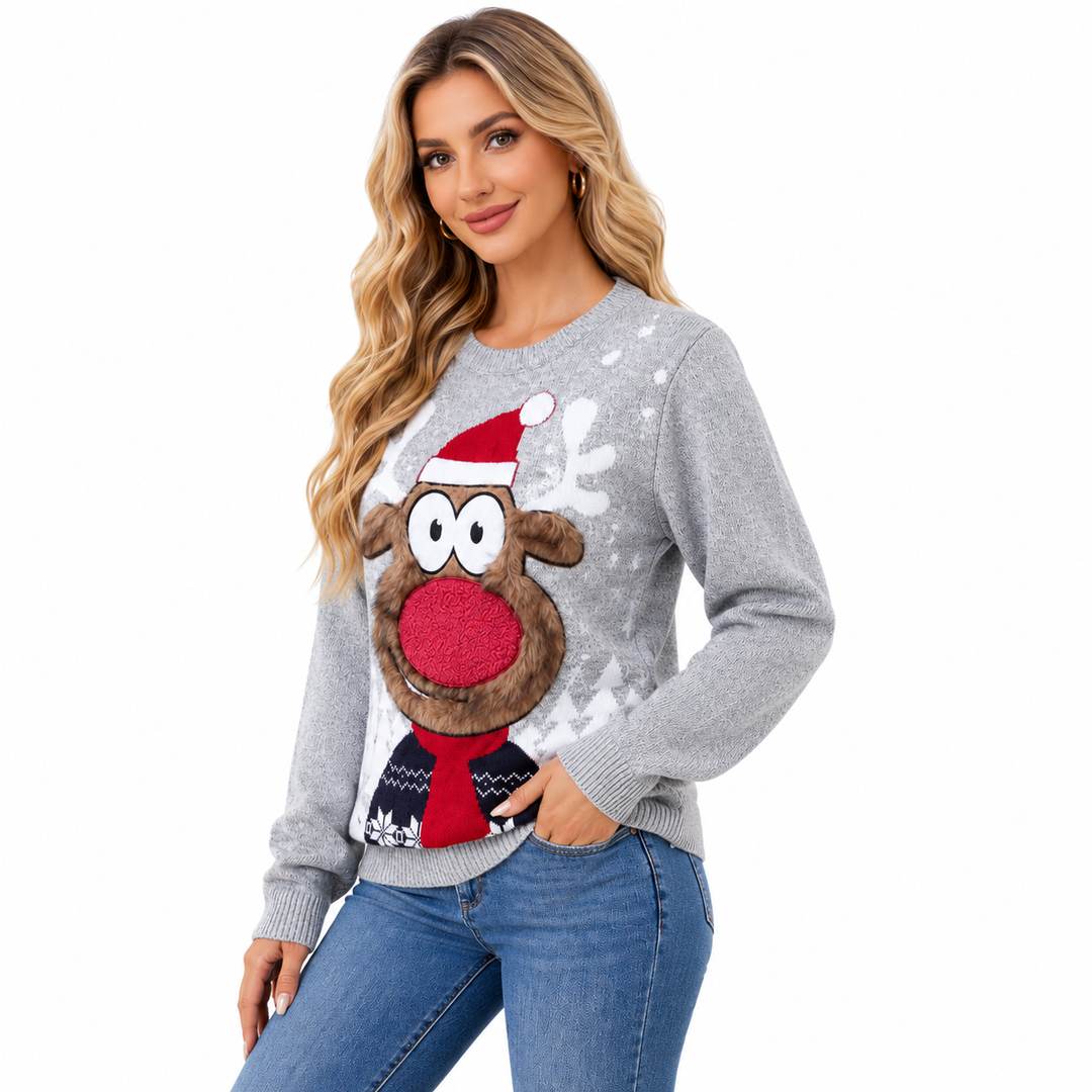 Christmas sweater family adult three-quarter model view, gray reindeer pullover with long sleeves and casual denim styling now