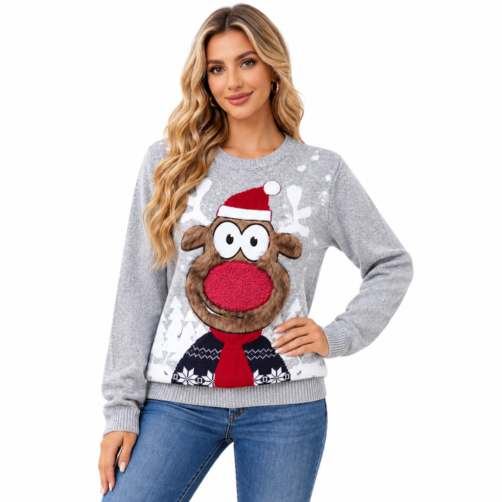 Christmas sweater family adult front pose on model, gray reindeer knit pullover with round neck, long sleeves and denim outfit.
