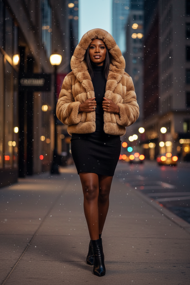 Back view of the short hooded faux fur coat for women showing full hood coverage, long sleeves and a neat compact silhouette.