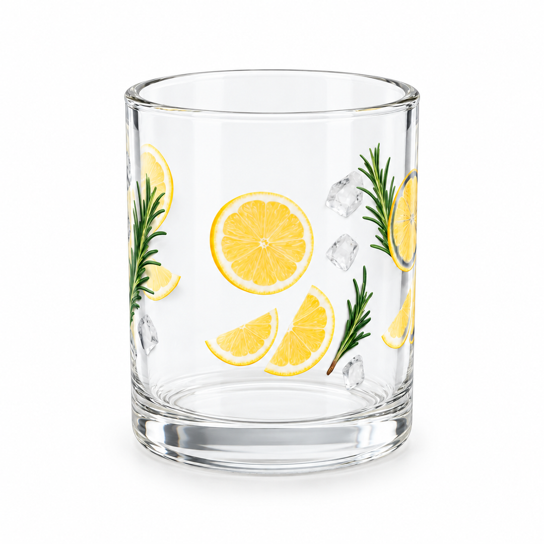 Single sold 10oz clear glass mug variant with lemon and rosemary artwork.