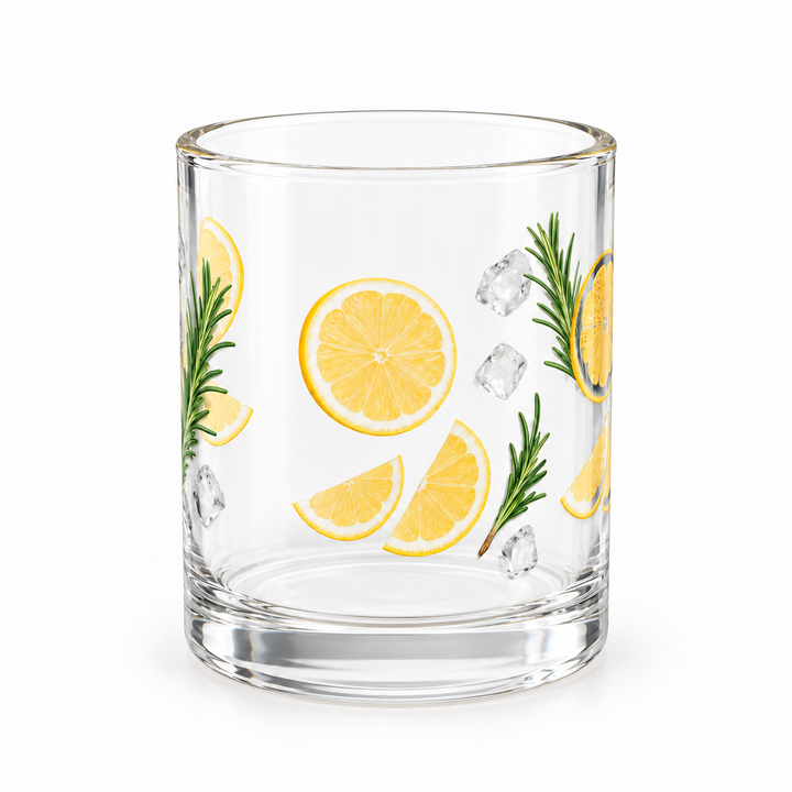 Back view of the botanical glass cup showing the wraparound printed design.