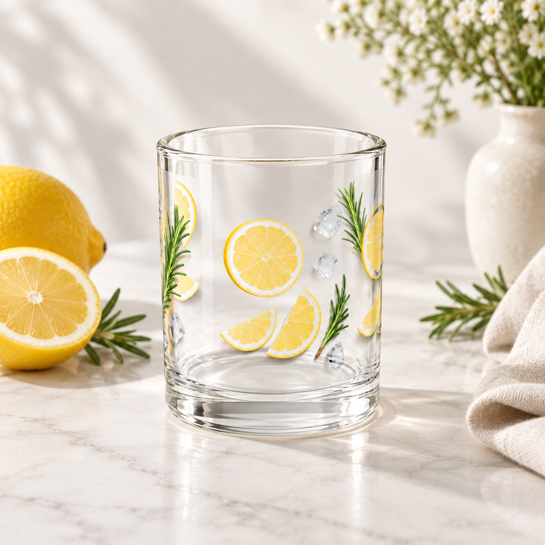 Empty botanical glass cup arranged in a clean commercial product setting.