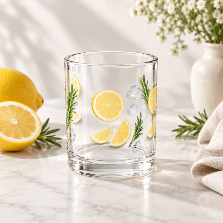 Empty botanical glass cup arranged in a clean commercial product setting.