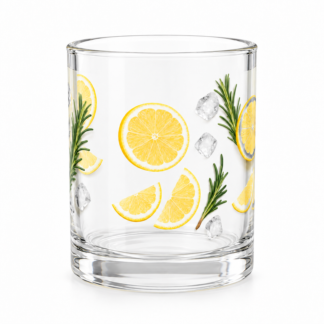 Front view of the 10oz botanical mug with lemon, rosemary and ice artwork.