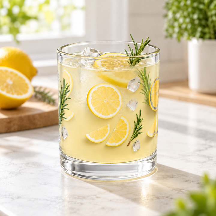 10oz botanical glass cup filled with a pale drink and ice in a bright kitchen setting.