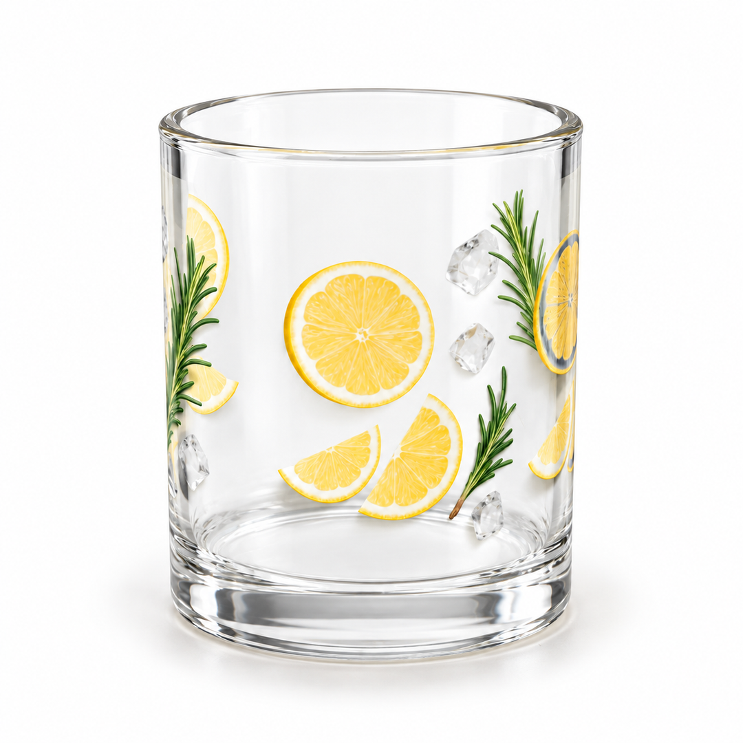 Clear glass mug with lemon and rosemary artwork shown empty on a white background.