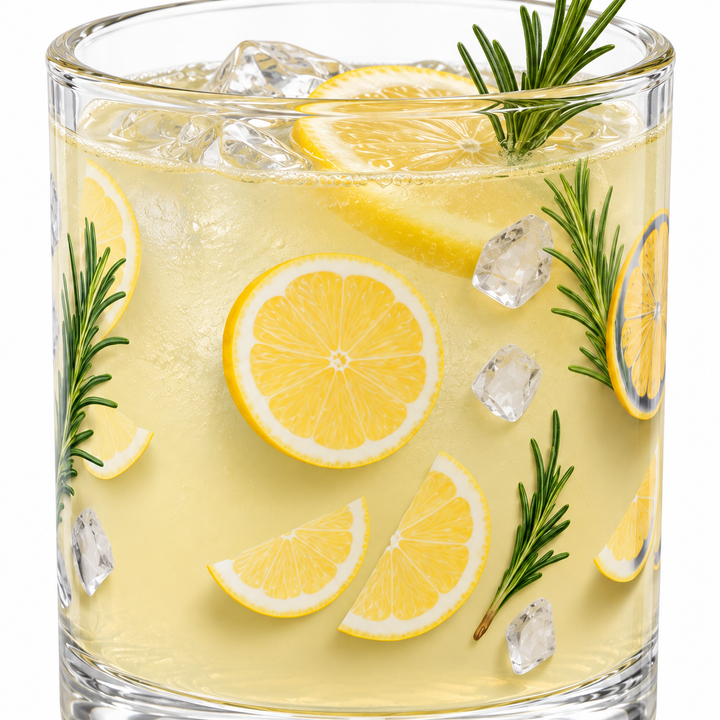 Close-up of the lemon, rosemary and ice artwork printed on the glass wall.