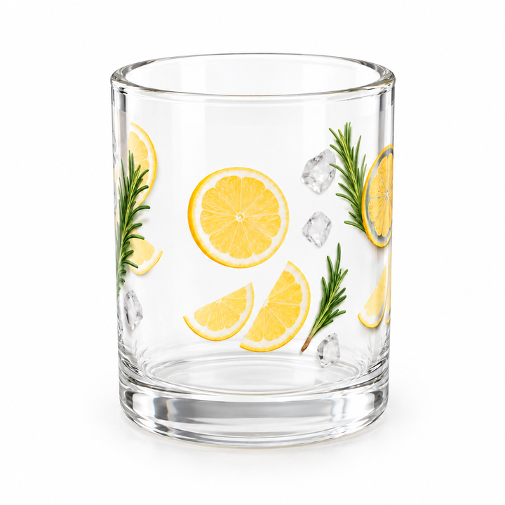 Three-quarter view of the transparent mug showing the rim, handle and glass body.