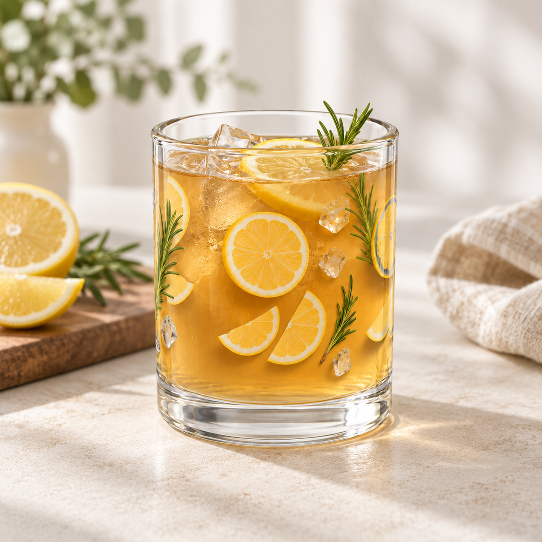 Botanical glass cup holding tea on a light tabletop for an everyday serving example.