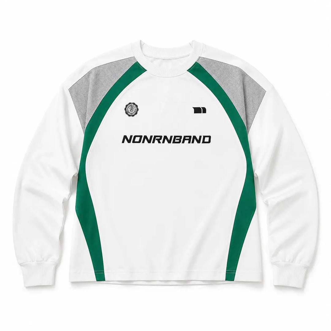 White color block raglan sleeve sweatshirt flat lay showing green and gray panels, front graphics and complete silhouette.