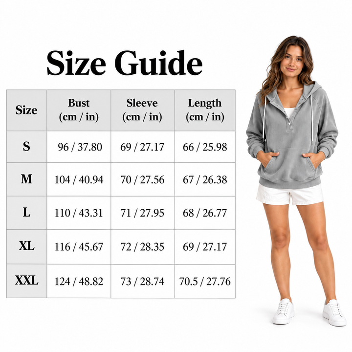 Size guide for grey corduroy hoodie, showing S to XXL chest, sleeve and length in cm / inches beside a full-body adult model.
