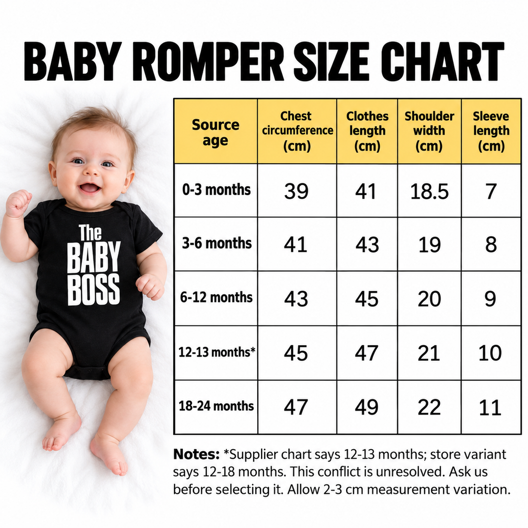 Baby romper size chart with measurements in centimeters and original age labels, beside baby wearing a black Baby Boss romper
