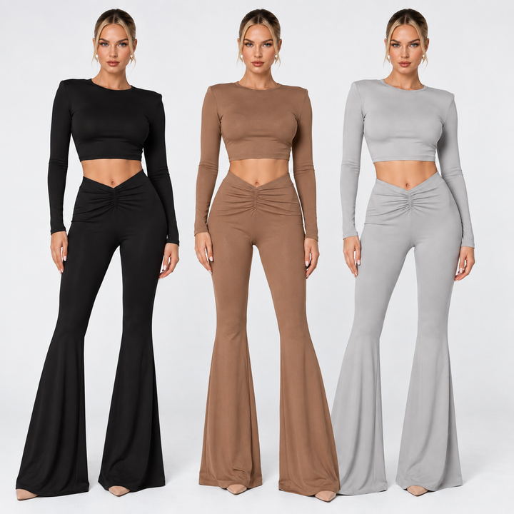 Black, Brown and Gray crop top and pants set variants shown together with matching tops and flared trousers