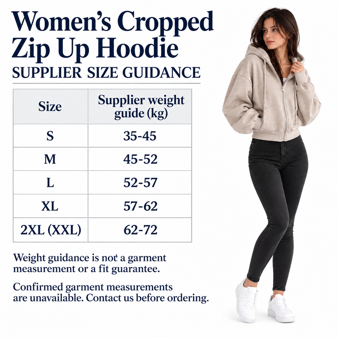 Photograph of cropped zip up hoodie supplier size guide, showing the garment&