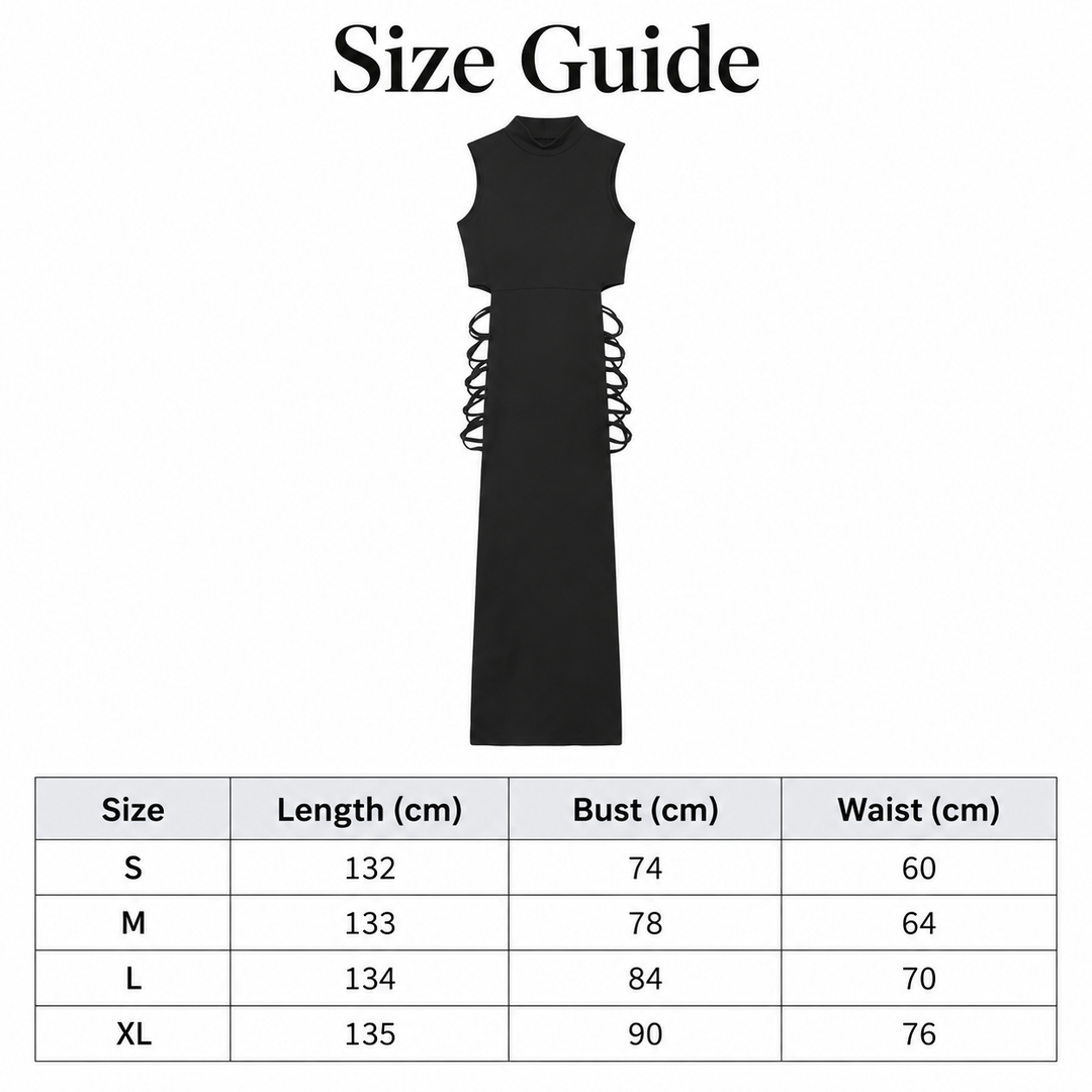 Cut out dress size guide showing verified S, M, L and XL measurements for length, bust and waist in centimeters in the chart.