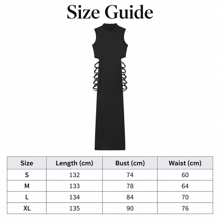 Cut out dress size guide showing verified S, M, L and XL measurements for length, bust and waist in centimeters in the chart.