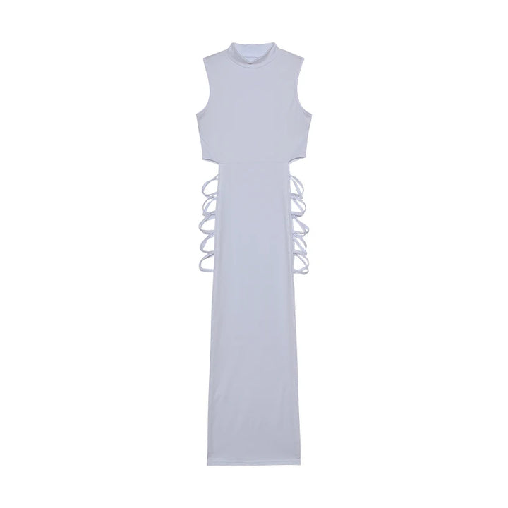 Maxi dress product image showing the sleeveless high neckline, long silhouette and verified open side strap construction view