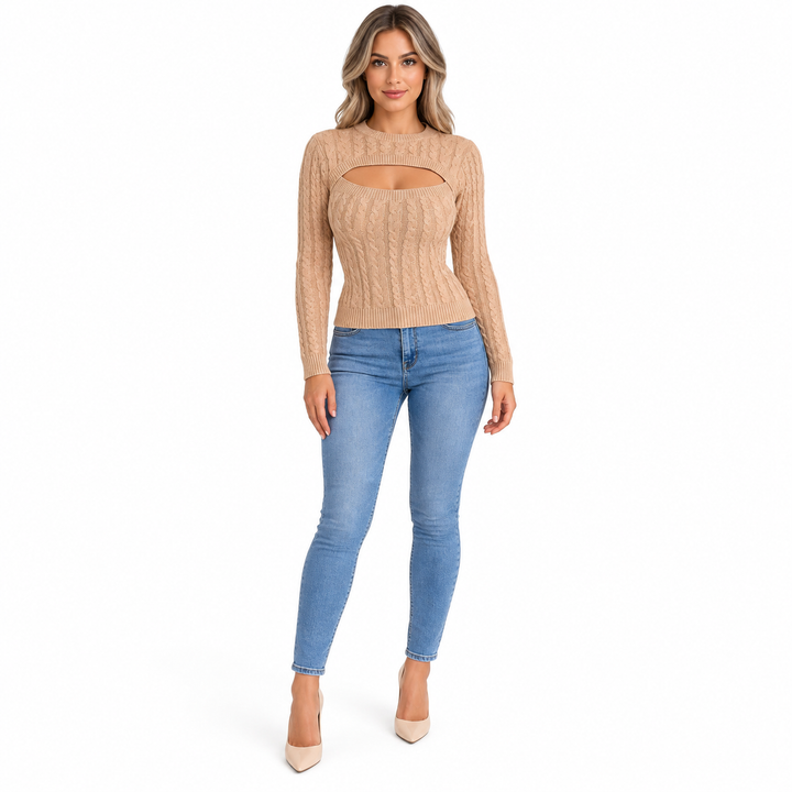 Khaki beige cable knit sweater on a full-length adult model, showing front opening, ribbed cuffs and hem with jeans on white.