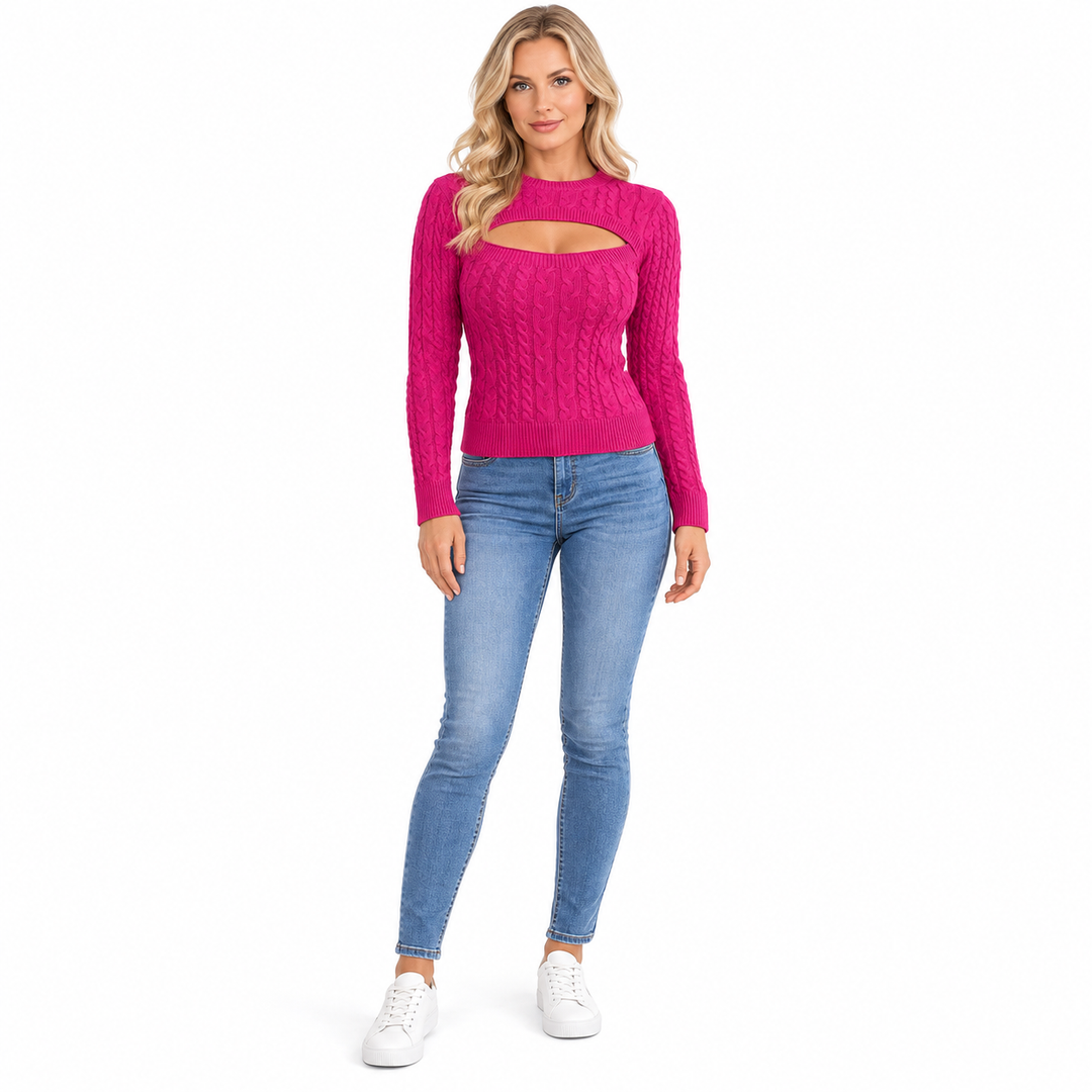 Rose Red cable knit sweater on a full-length adult model, showing the front cutout, crew neck and long sleeves on pure white.