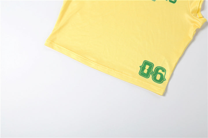 Letter-print matching outfit for women with fitted top and cropped shorts shown together as a coordinated casual clothing set