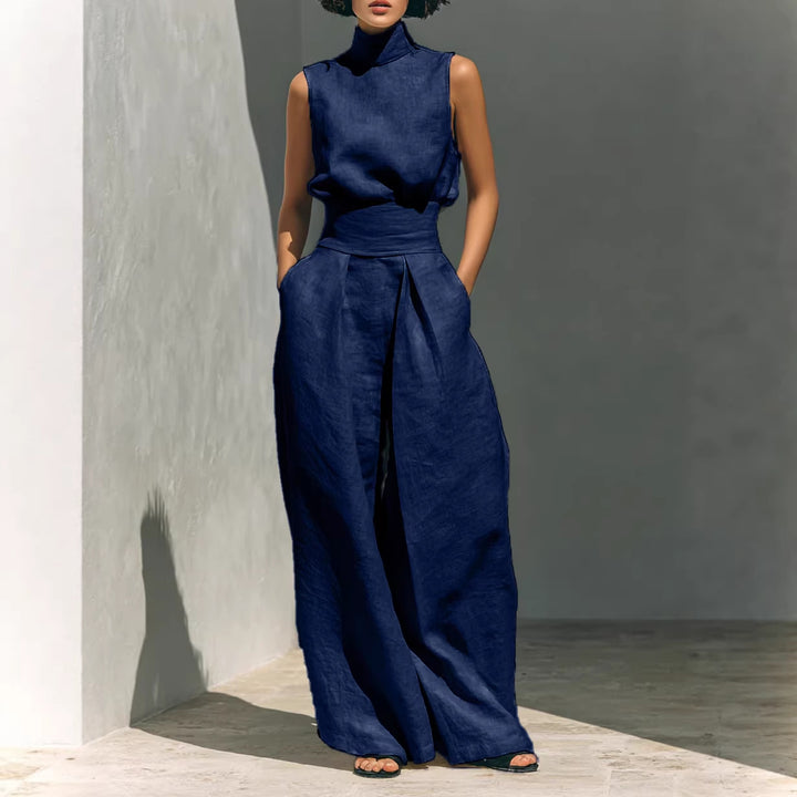 Women wearing sleeveless two piece set styled for brunch with crossbody bag
