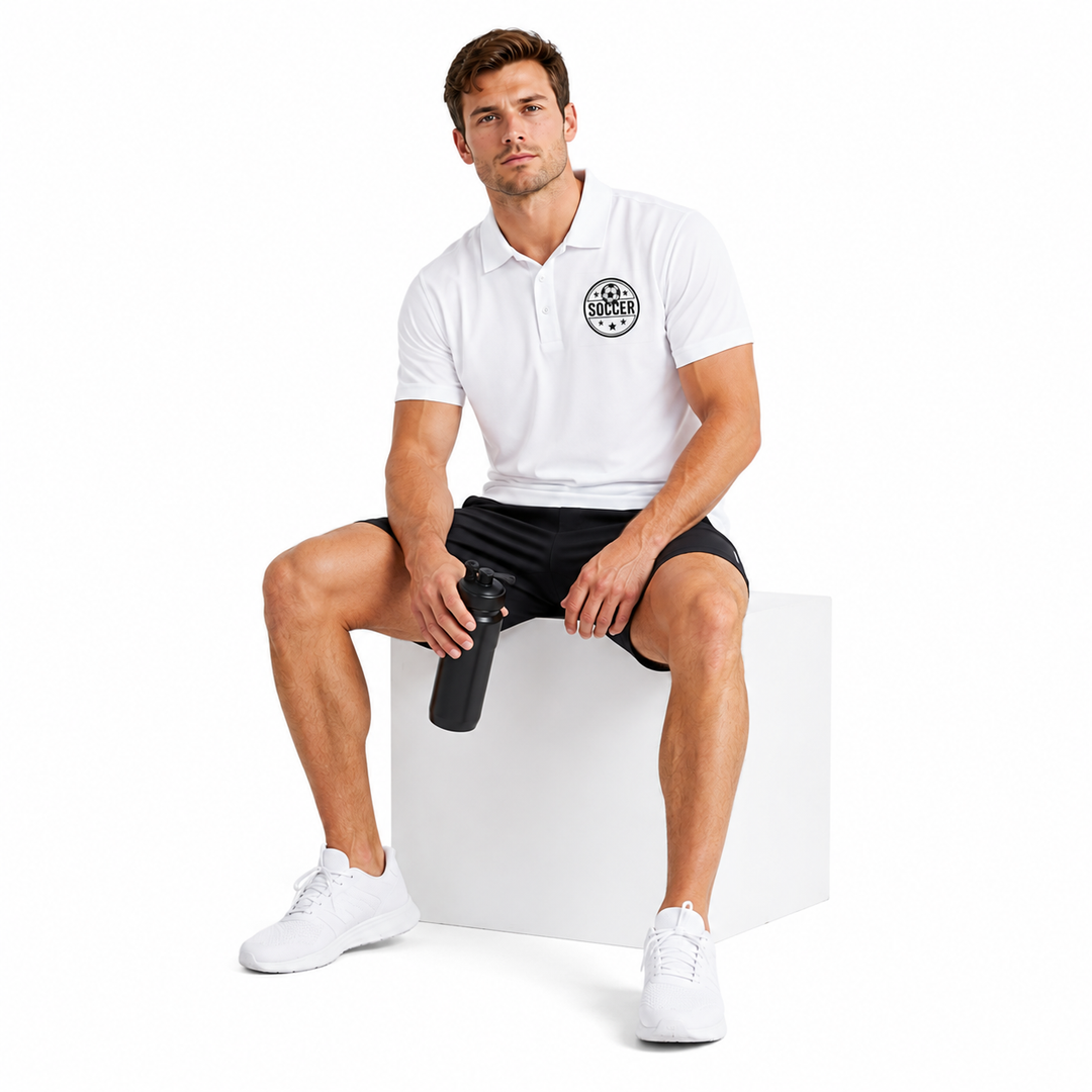 White performance polo for men featuring soccer badge, short sleeves, smooth finish and easy styling for active days and gyms