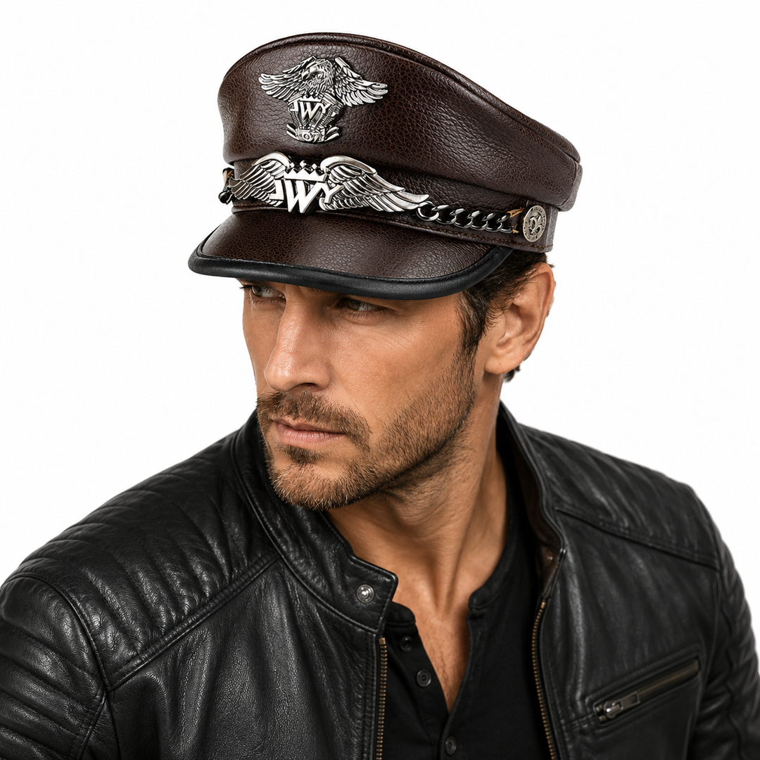 Adjustable leather biker cap side view for online product listing