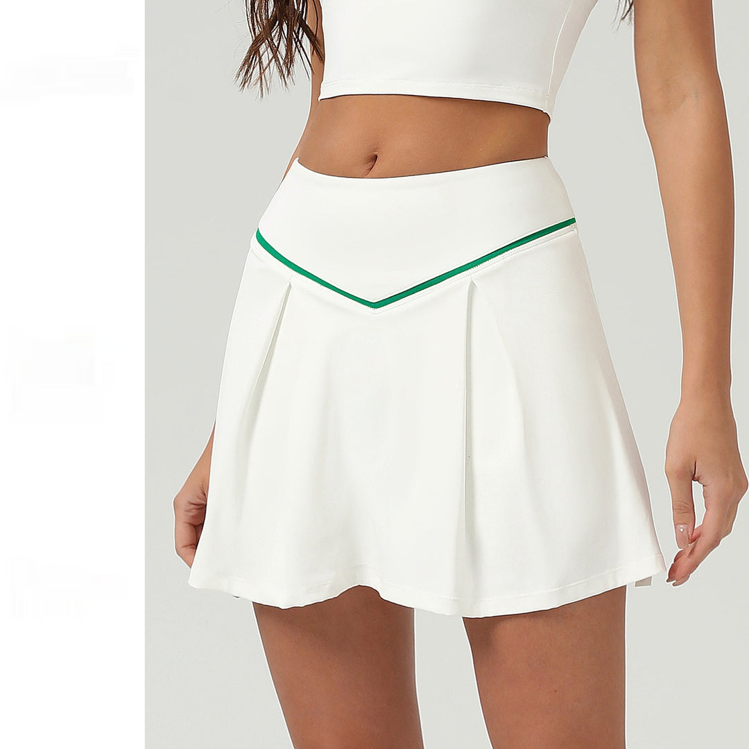 White nylon and spandex athletic skirt styled for tennis practice and summer workouts