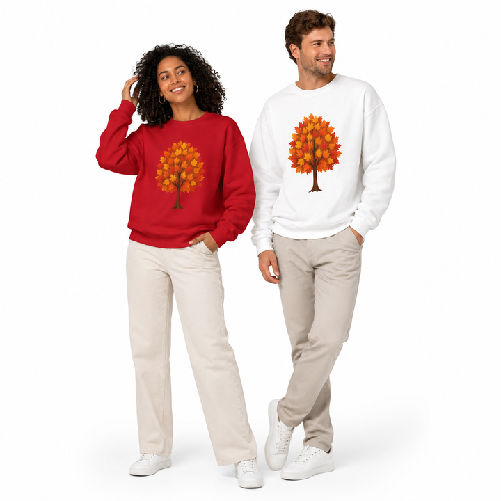 Autumn sweatshirt in a fall-friendly shade with a colorful tree print crew neck and smooth seam-free silhouette for layering.