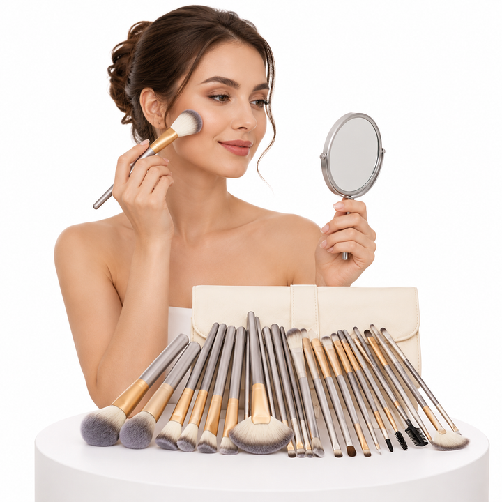Makeup brush set with champagne-color handles, rice white brush styling and a choice of 12, 18 or 24 pieces without branding.
