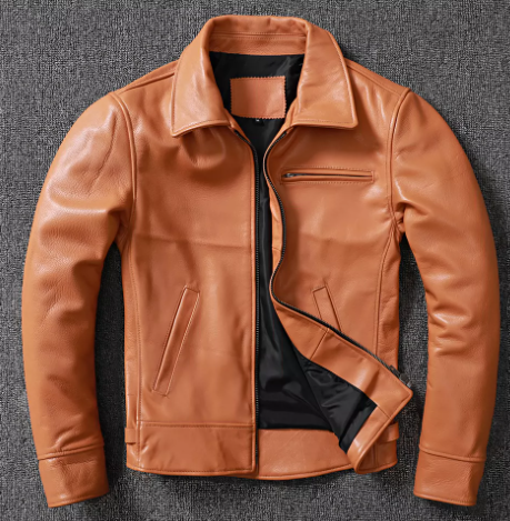 Brown leather jacket on a textured gray background