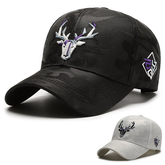 Close-up 3D elk embroidery detail on black peaked cap premium stitching summer outdoor hat