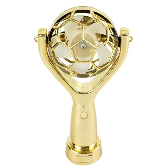 Football match fan cooling accessory with gold cup design, three speed airflow and rechargeable portable convenience for fans