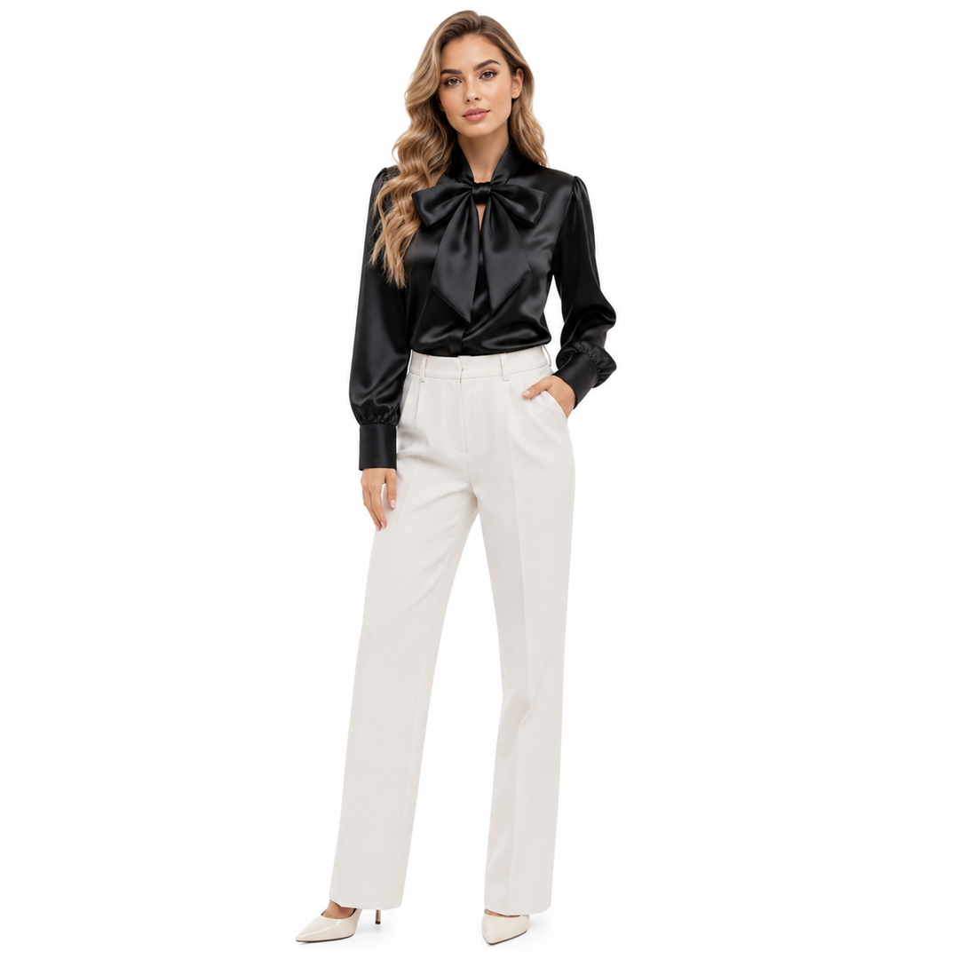 Feminine bow neck blouse styled for smart casual outfits