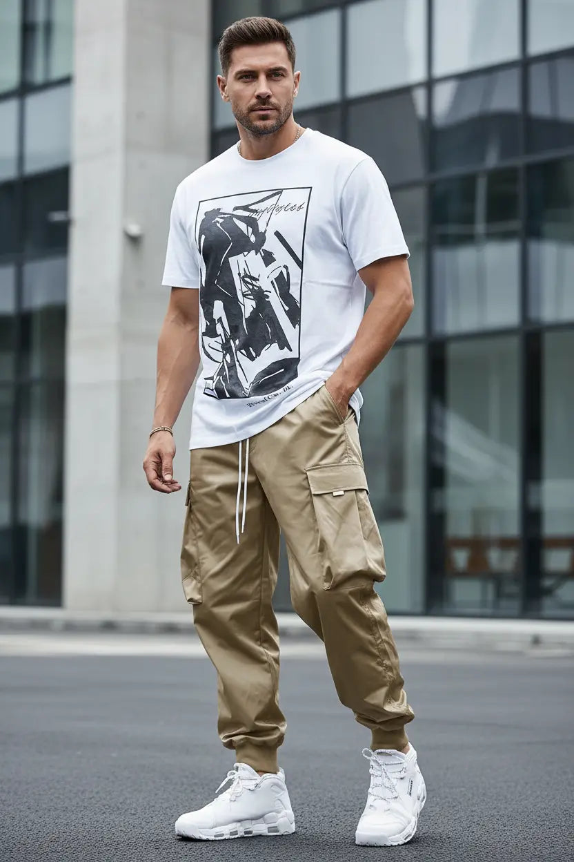 streetwear cargo pants men minimal top styled outfit