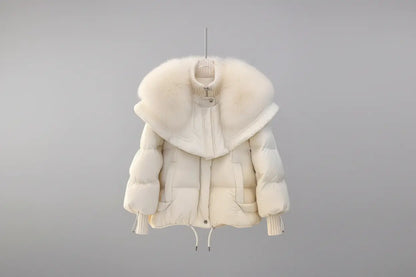 petite winter parka jacket white colorway featuring plush faux fur collar, regular sleeves and clean city-ready finish
