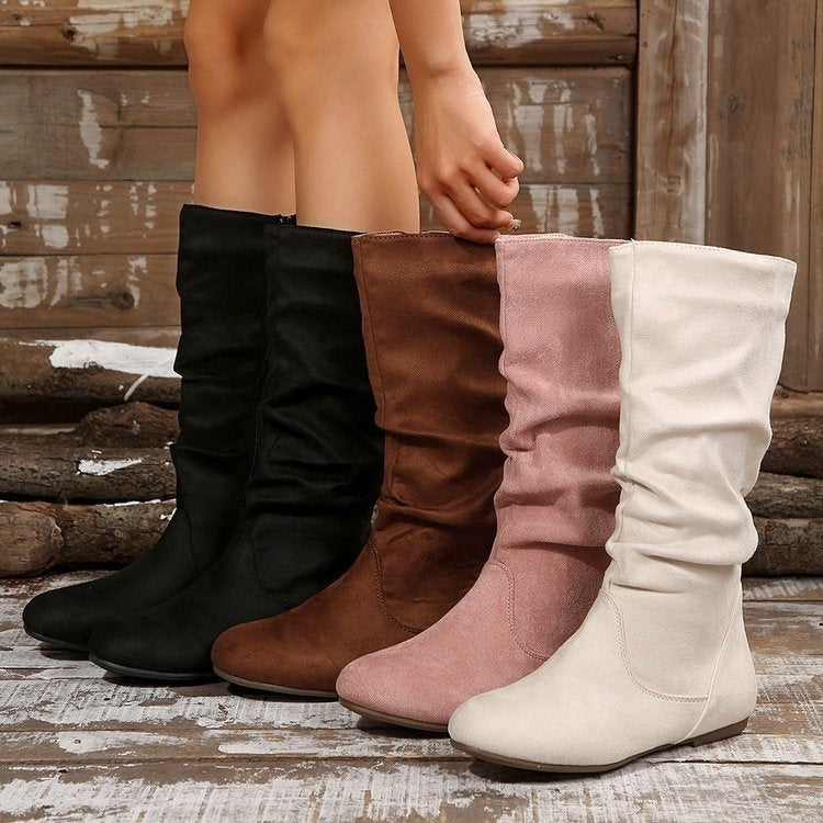 Plus size side zipper boots pleated mid calf boots in beige with soft slouch effect and quick side zipper wear