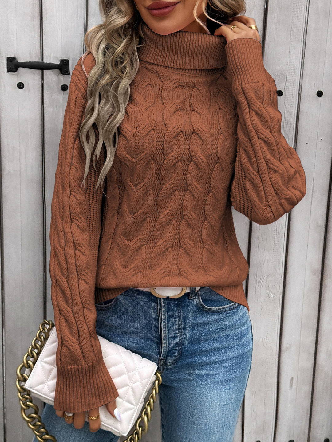 Women's Cable Knit Turtleneck Sweater Chic Fit
