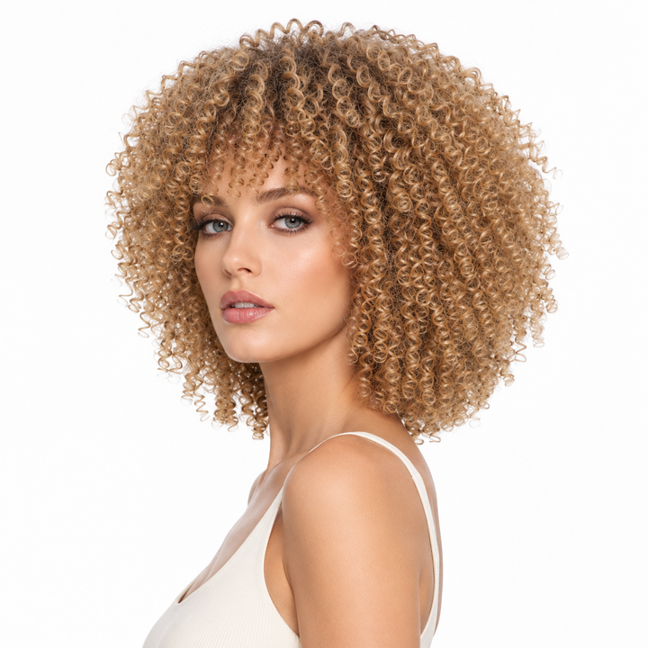 Short curly wig side profile highlighting defined curl movement, slanted bangs, and the refined 14 inch silhouette for women.

