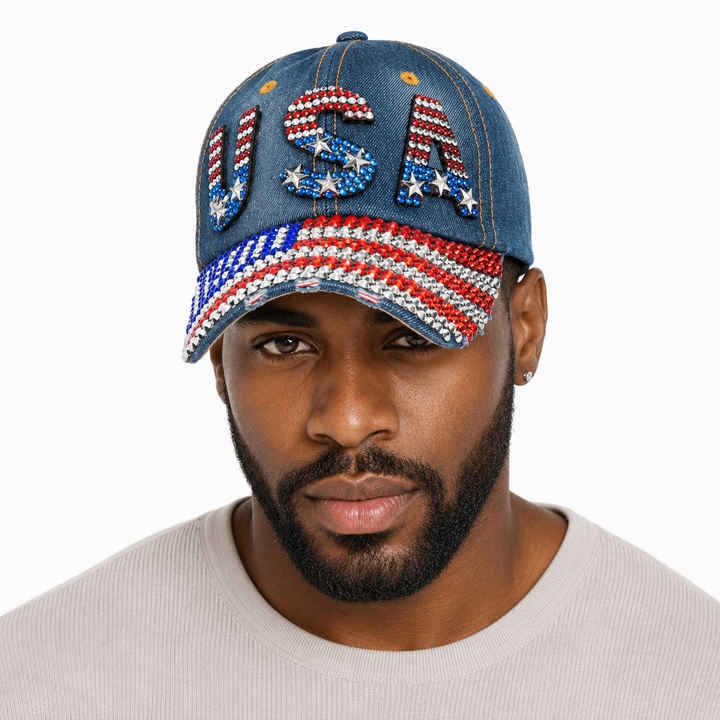 Navy denim baseball cap with patriotic rhinestone details, curved brim and adjustable fit for soccer games or casual outings.
