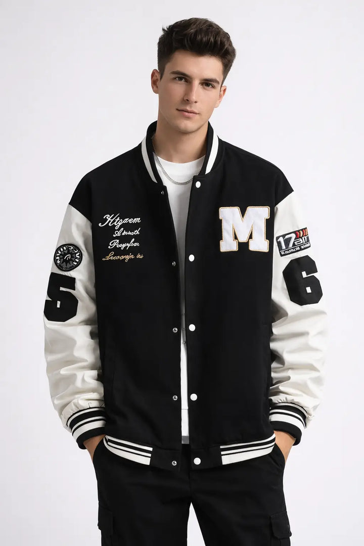 men's baseball jacket creamy-white button-down detail close-up city backdrop