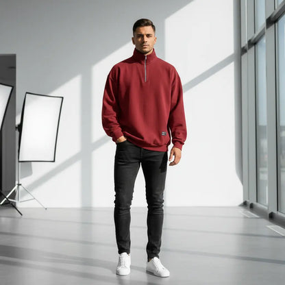 Men's fleece zip-up sweatshirt front zipper detail in polar fleece for clean street style and easy temperature control
