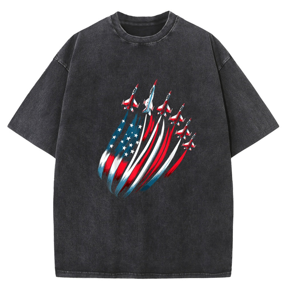 Unisex heavyweight cotton tee with patriotic eagle graphic, washed black finish and oversized casual streetwear fit