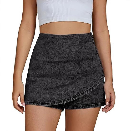 high waisted stretch denim shorts sapphire blue front flat lay showing full pleated design high waist and 3/4 length for stretch cotton culottes with clean lines and premium finish ideal for summer everyday wear