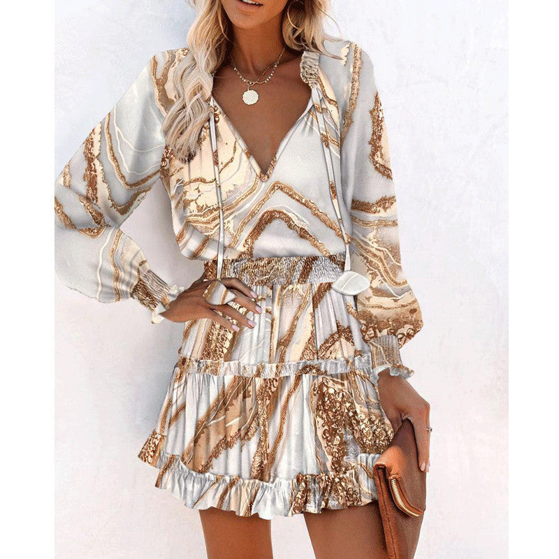 Puff sleeve mini dress styled with sandals, full outfit lifestyle photo
