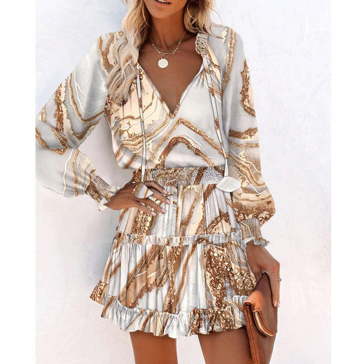 Puff sleeve mini dress styled with sandals, full outfit lifestyle photo
