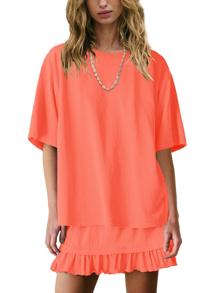 Lightweight two piece skirt set for women with oversized top, short ruffle skirt, and clean solid color fashion look.